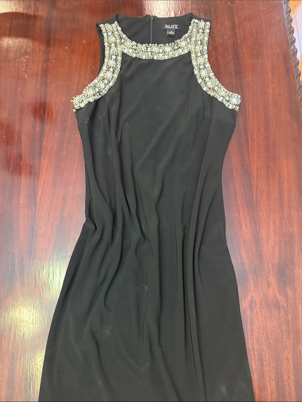 SLNY Black Sleeveless Evening Dress with Beaded Neckline